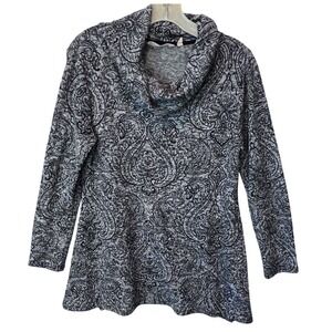 Soft Surroundings Gray Black Paisley Print Cowl Neck Long Sleeve Tunic Top